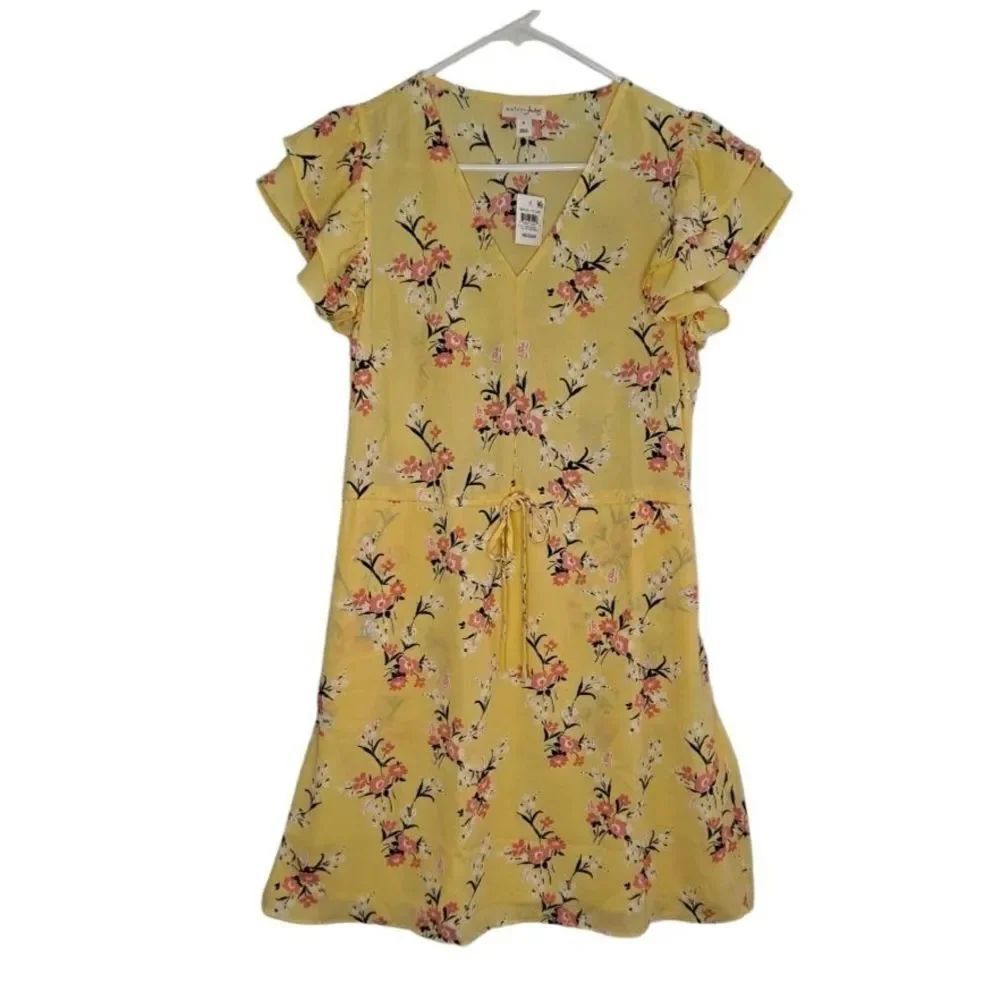 Maison Jules Floral Print Flutter Sleeve Mini Dress Yellow Medium